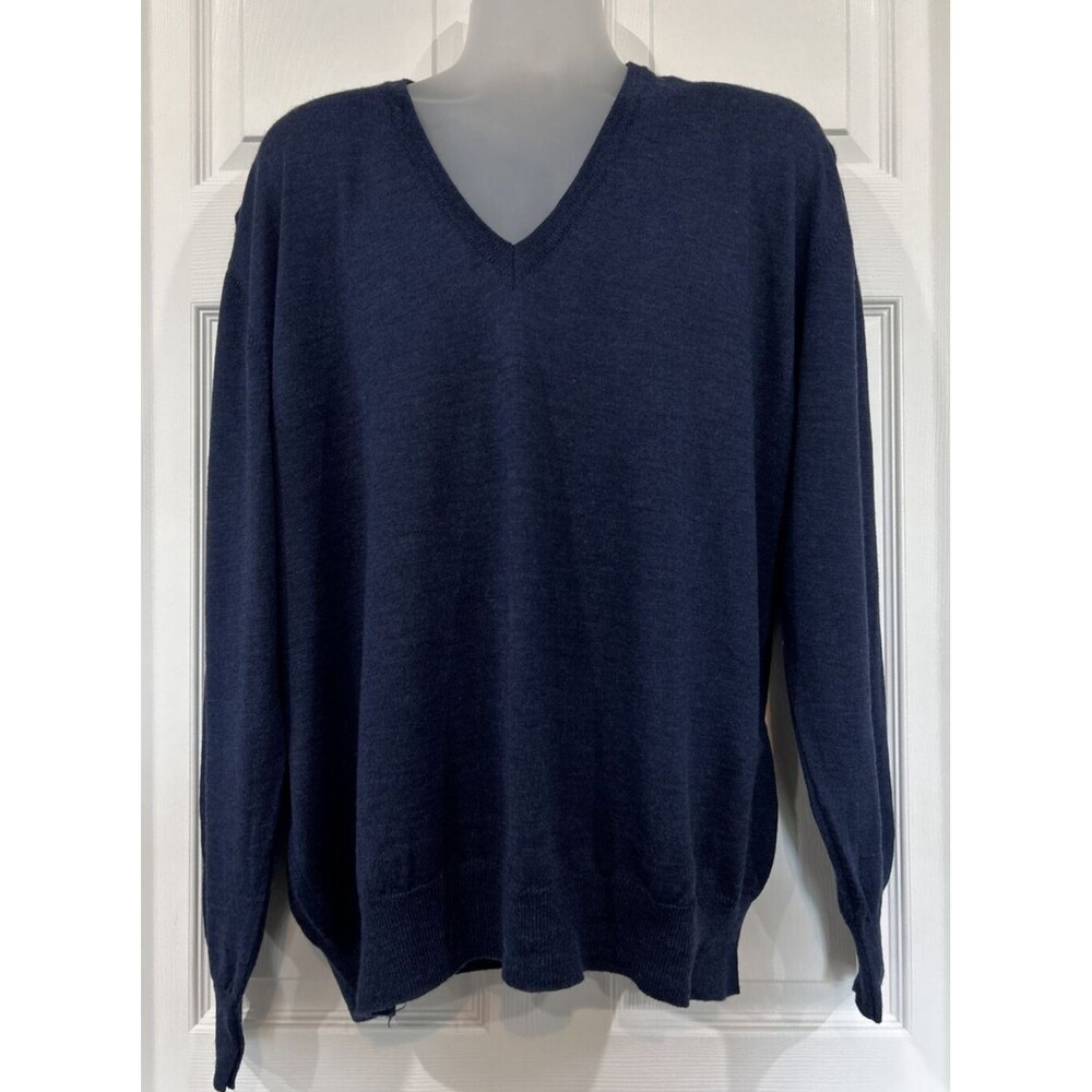 Vintage Italian Merino Wool Fine Knit Sweater V Neck Lord & Taylor Dark Blue XL